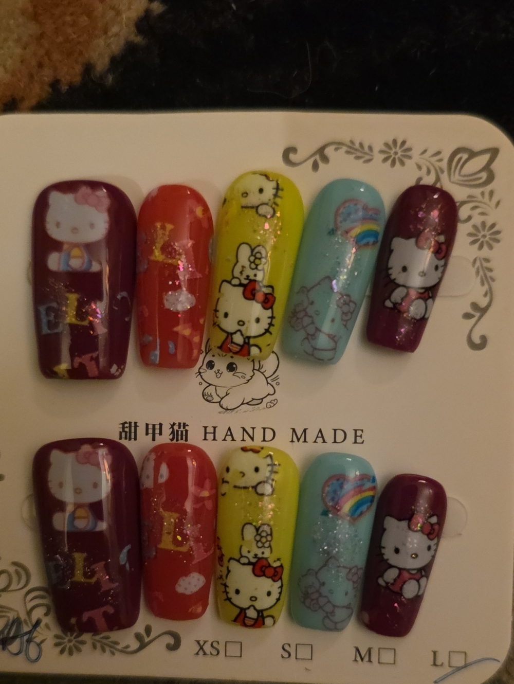 Hello Kitty Nail Tips Set - Purple, Red, Yellow, Blue Size Large
